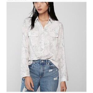 Express The City Shirt Pink White Floral Striped roll tab Long Sleeve size large